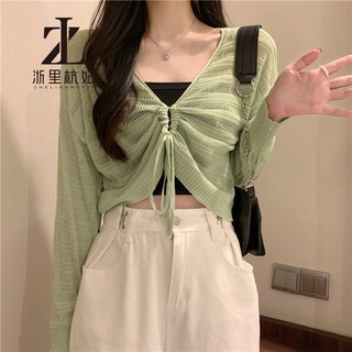 ZHELIHANGFEI Dệt Kim Cardigan Trước Và Sau Rỗng Dây Rút Kem Chống Nắng Nữ Mùa Hè Mỏng Phong Cách Nhẹ Thoáng Khí Nhỏ Sling Áo Bên Ngoài