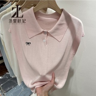 ZHELIHANGFEI Áo len dệt kim ngắn tay cổ Polo kiểu Pháp