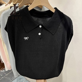 ZHELIHANGFEI Áo len dệt kim ngắn tay cổ Polo kiểu Pháp