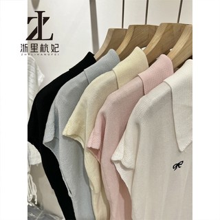 ZHELIHANGFEI Áo len dệt kim ngắn tay cổ Polo kiểu Pháp