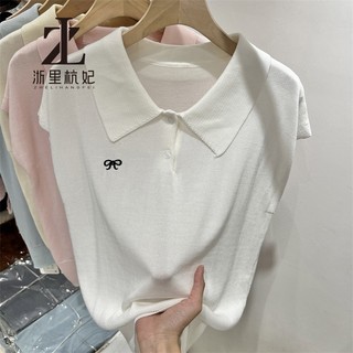 ZHELIHANGFEI Áo len dệt kim ngắn tay cổ Polo kiểu Pháp