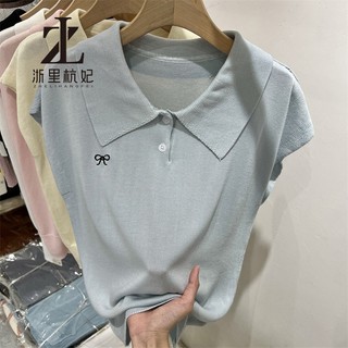 ZHELIHANGFEI Áo len dệt kim ngắn tay cổ Polo kiểu Pháp
