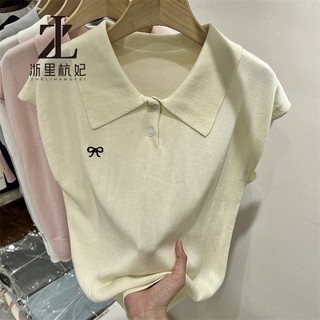 ZHELIHANGFEI Áo len dệt kim ngắn tay cổ Polo kiểu Pháp