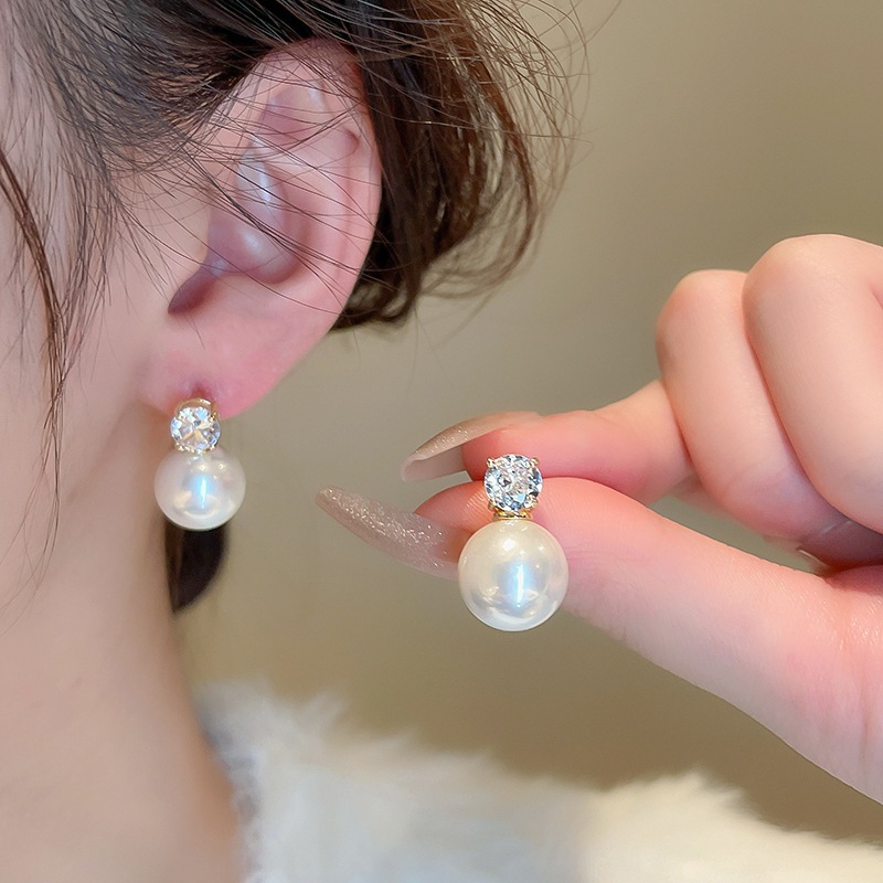 Bạc Kim zircon ngọc trai hoa tai đơn giản Pháp phong cách thu đông cao cấp thời trang