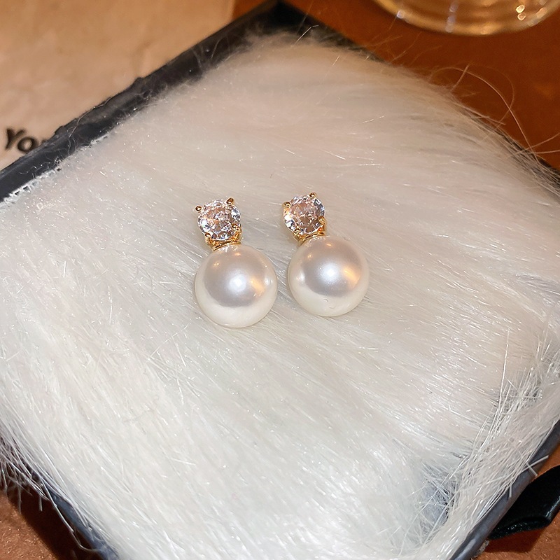 Bạc Kim zircon ngọc trai hoa tai đơn giản Pháp phong cách thu đông cao cấp thời trang