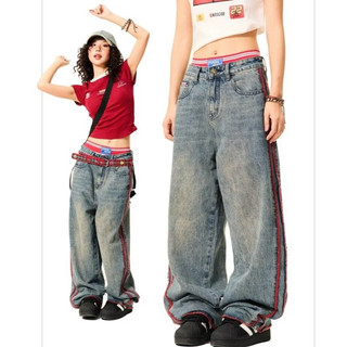 Quần jean nam ESEA thương hiệu hợp thời trang Mỹ dáng rộng quần denim sọc phong cách Nhật Bản