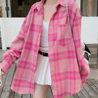 Phong Cách Hàn Quốc Nữ Nữ Rời Kẻ Sọc Quá Khổ Baggy Áo Sơ Mi Tay Dài Áo Baju Baju Wanita Lengan Panjang Hàng Mới Sẵn Có