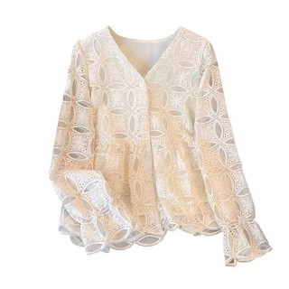 Phong Cách Hàn Quốc Nữ Nữ Rời Vintage Thêu Hoa Cổ Chữ V Áo Sơ Mi Tay Dài Áo Baju Baju Wanita Lengan Panjang