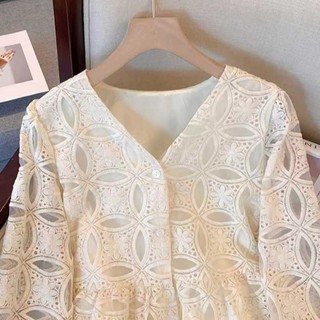 Phong Cách Hàn Quốc Nữ Nữ Rời Vintage Thêu Hoa Cổ Chữ V Áo Sơ Mi Tay Dài Áo Baju Baju Wanita Lengan Panjang