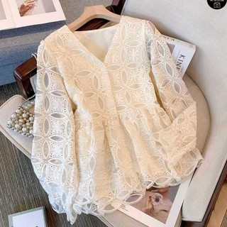 Phong Cách Hàn Quốc Nữ Nữ Rời Vintage Thêu Hoa Cổ Chữ V Áo Sơ Mi Tay Dài Áo Baju Baju Wanita Lengan Panjang