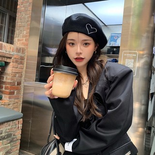 Mũ len ấm áp mùa thu đông Mũ len thêu trái tim nữ màu trơn