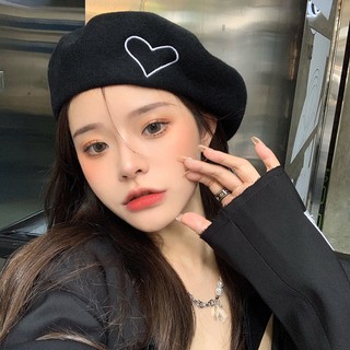 Mũ len ấm áp mùa thu đông Mũ len thêu trái tim nữ màu trơn