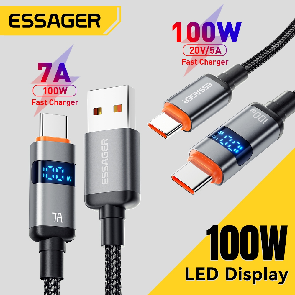 Essager 7A 100W A-C / 5A 100W C-C Màn hình kỹ thuật số Cáp dữ liệu sạc nhanh Màu xám