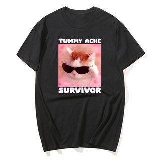Tummy Ache Người Sống sót Ngộ nghĩnh Mèo Meme Áo nam Nữ Silly Ngốc Mèo Tee Áo Sơ Mi Nam Tay Ngắn Áo Cotton Quá Khổ Top