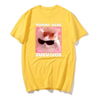 Tummy Ache Người Sống sót Ngộ nghĩnh Mèo Meme Áo nam Nữ Silly Ngốc Mèo Tee Áo Sơ Mi Nam Tay Ngắn Áo Cotton Quá Khổ Top