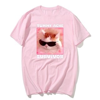 Tummy Ache Người Sống sót Ngộ nghĩnh Mèo Meme Áo nam Nữ Silly Ngốc Mèo Tee Áo Sơ Mi Nam Tay Ngắn Áo Cotton Quá Khổ Top