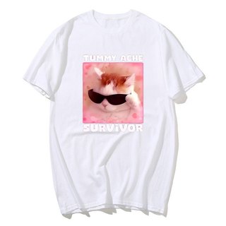 Tummy Ache Người Sống sót Ngộ nghĩnh Mèo Meme Áo nam Nữ Silly Ngốc Mèo Tee Áo Sơ Mi Nam Tay Ngắn Áo Cotton Quá Khổ Top