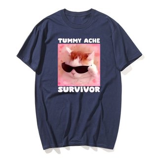 Tummy Ache Người Sống sót Ngộ nghĩnh Mèo Meme Áo nam Nữ Silly Ngốc Mèo Tee Áo Sơ Mi Nam Tay Ngắn Áo Cotton Quá Khổ Top