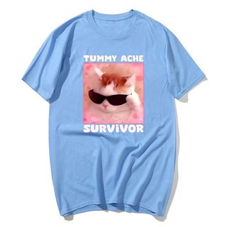 Tummy Ache Người Sống sót Ngộ nghĩnh Mèo Meme Áo nam Nữ Silly Ngốc Mèo Tee Áo Sơ Mi Nam Tay Ngắn Áo Cotton Quá Khổ Top