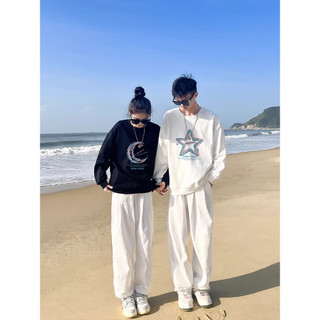 Áo hoodie dài tay 100% cotton mới dành cho cả nam và nữ Áo hoodie cặp đôi dáng rộng cổ tròn in hình độc đáo