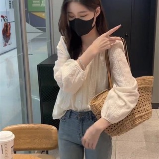 Áo sơ mi dài tay ren dáng rộng phong cách Hàn Quốc dành cho nữ