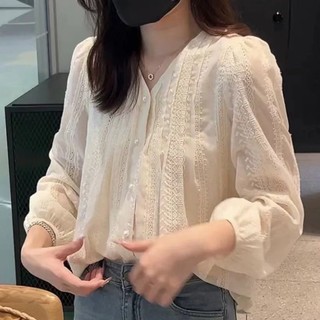 Áo sơ mi dài tay ren dáng rộng phong cách Hàn Quốc dành cho nữ
