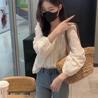 Áo sơ mi dài tay ren dáng rộng phong cách Hàn Quốc dành cho nữ