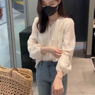 Áo sơ mi dài tay ren dáng rộng phong cách Hàn Quốc dành cho nữ