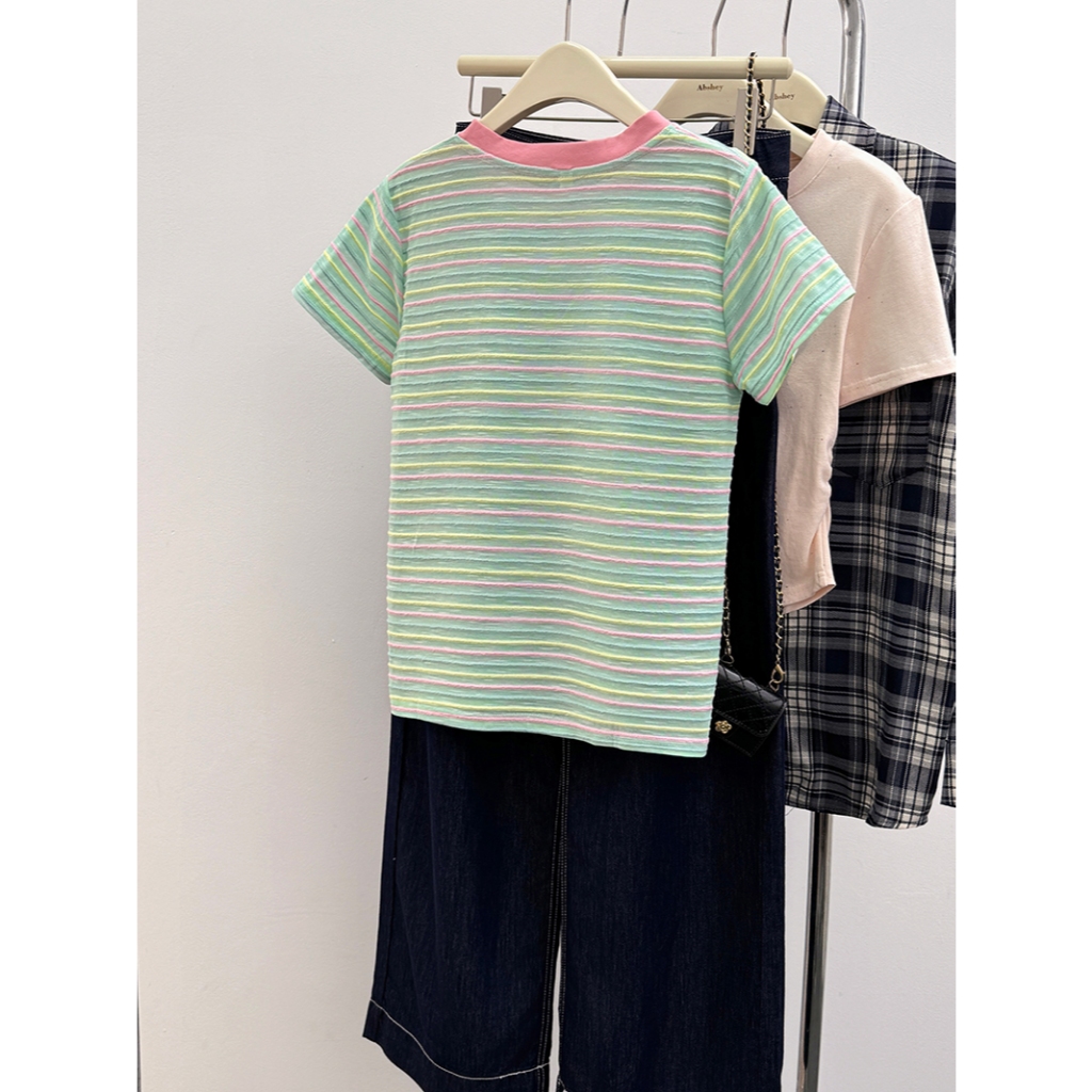 SUXI Áo thun ngắn tay cổ tròn sọc cổ tròn Cotton mới mùa hè 240624