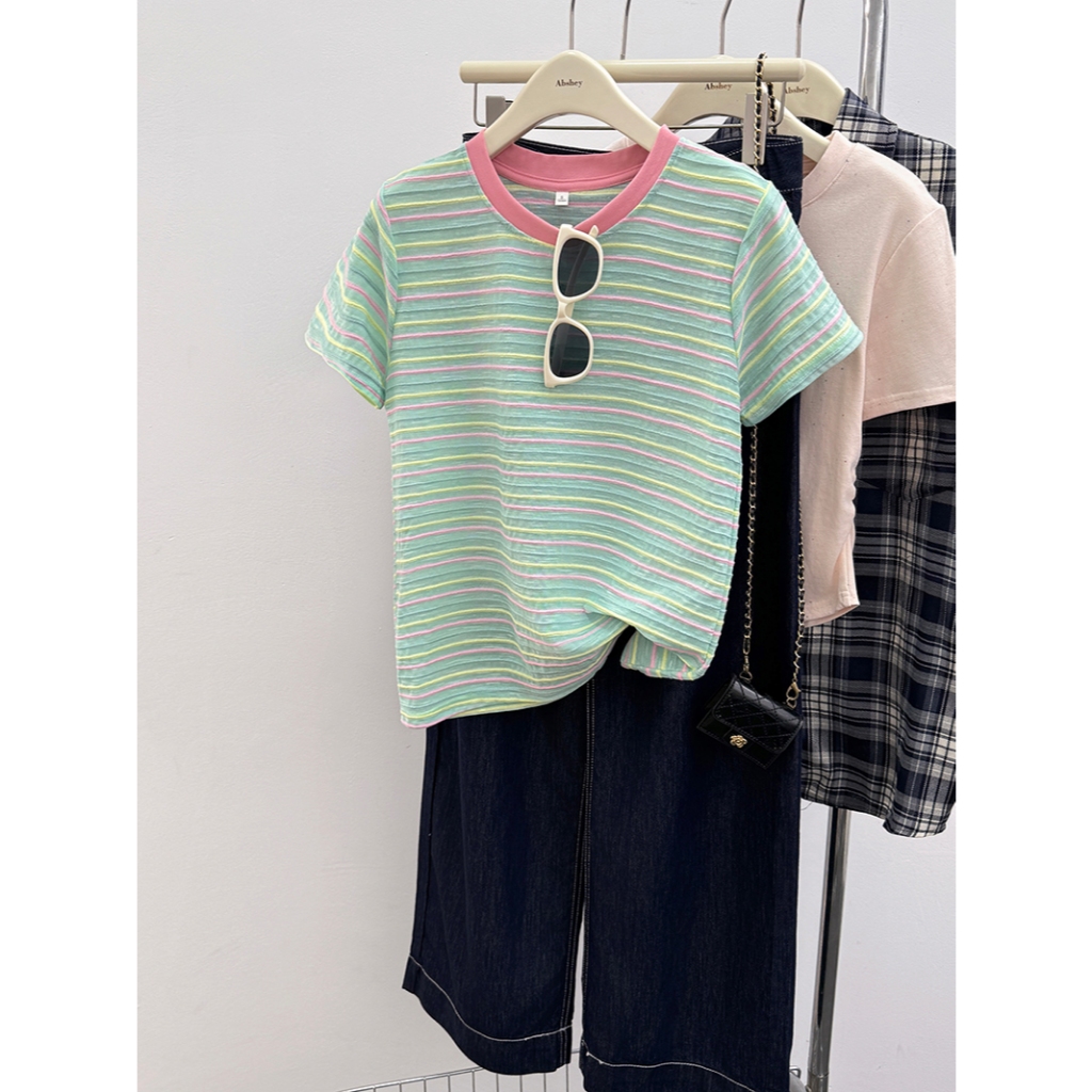 SUXI Áo thun ngắn tay cổ tròn sọc cổ tròn Cotton mới mùa hè 240624