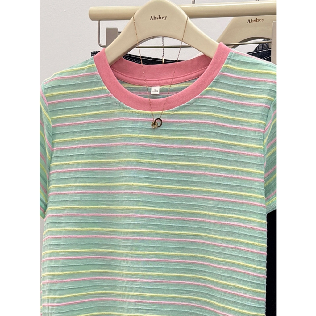 SUXI Áo thun ngắn tay cổ tròn sọc cổ tròn Cotton mới mùa hè 240624