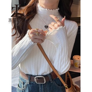 ZHELIHANGFEI Áo len nửa cổ cao màu trắng đáy Áo sơ mi nữ Nấm cạnh dệt kim hàng đầu
