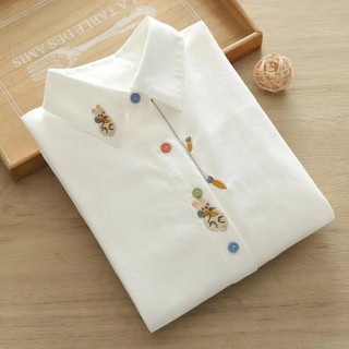 Áo sơ mi dài tay thêu Cotton dáng rộng phong cách Hàn Quốc dành cho nữ