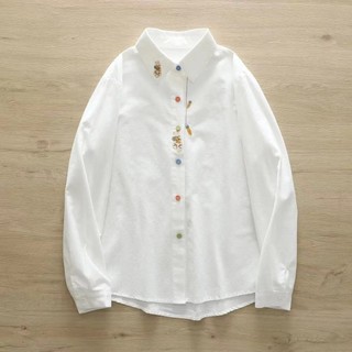 Áo sơ mi dài tay thêu Cotton dáng rộng phong cách Hàn Quốc dành cho nữ