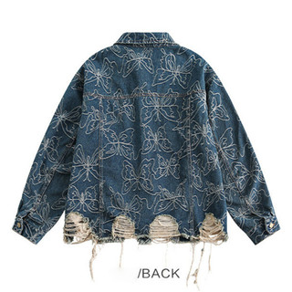 Áo khoác Denim nam ESEA American Retro Thương hiệu thời trang Bướm Jacquard Rách Denim