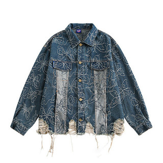 Gksss Nam Denim Áo Khoác Mỹ Retro Thương Hiệu Thời Trang Bướm Jacquard Rách Denim Áo Khoác