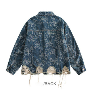 Gksss Nam Denim Áo Khoác Mỹ Retro Thương Hiệu Thời Trang Bướm Jacquard Rách Denim Áo Khoác