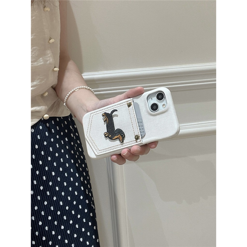 Ốp lưng iPhone cho 17 16 15 Pro max 14 Pro max canvas họa tiết chó con Chất liệu PU Chèn vỏ điện thoại thẻ