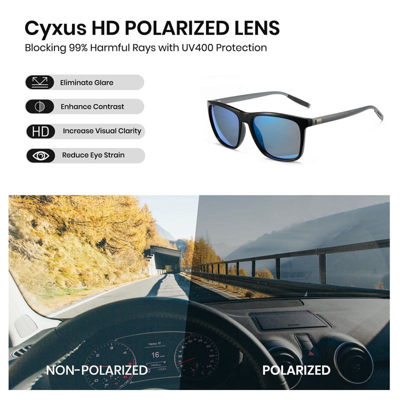 Cyxus Kính Mát Nam Nữ Phân Cực UV400 Gọng Vuông Hợp Kim Nhôm Chống Lóa Đi Biển Lái Xe Thời Trang P1168
