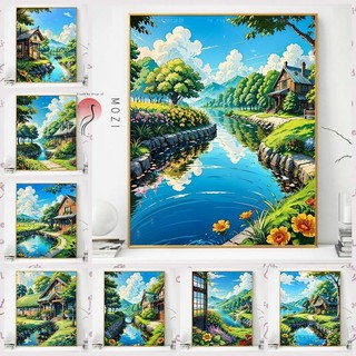 MOZI✨40 * 50cm / 30 * 40cm phong cảnh đồng quê tranh tô màu theo số tranh số hóa bộ tô màu theo số tranh sơn dầu số hoá Lakeside Cabin diy Tranh Phong Cảnh Tranh Kỹ Thuật Số Tranh Tay Tranh Làm Đầy Tranh Acrylic Tranh Trang Trí Nhà Cửa Tranh