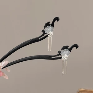 Kẹp tóc gỗ đàn hương tua rua sen, phong cách cổ xưa, mặt dây chuyền, cuộn tóc, phụ kiện cho nữ