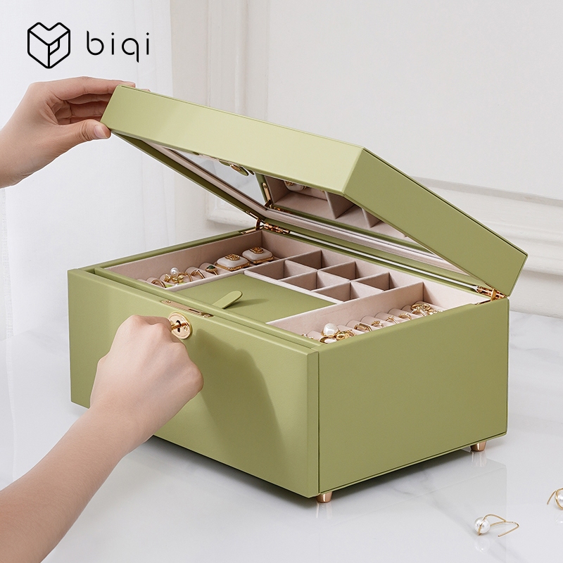 Casegrace Hộp lưu trữ trang sức 2 lớp sang trọng có khóa và chìa khóa Đồng hồ tổ chức Vòng cổ Bông tai Hộp đựng đồ trang sức có gương Hộp quà tặng có thể khóa