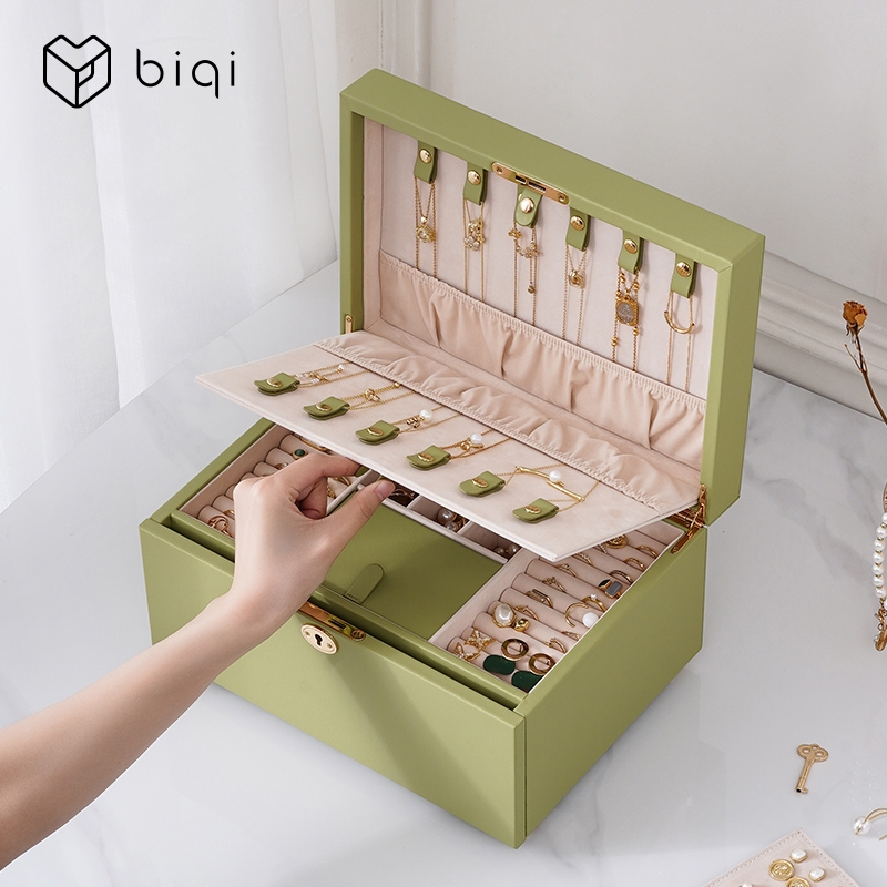 Casegrace Hộp lưu trữ trang sức 2 lớp sang trọng có khóa và chìa khóa Đồng hồ tổ chức Vòng cổ Bông tai Hộp đựng đồ trang sức có gương Hộp quà tặng có thể khóa