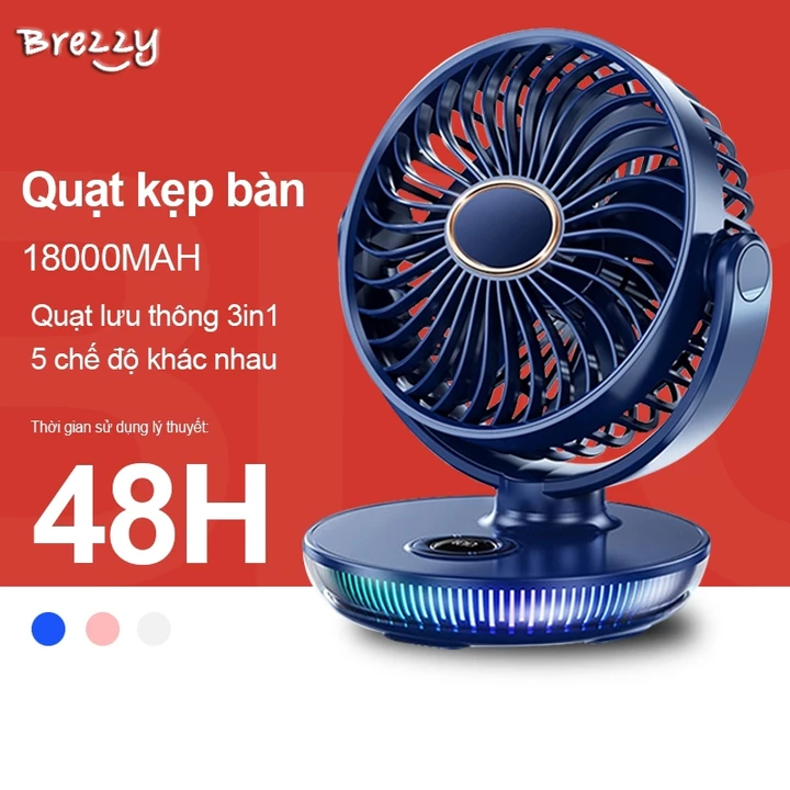 BREZZY Quạt kẹp bàn,Quạt Sạc Đa Năng Để Bàn, quạt gấp mini thiết kế để bàn, mini sạc điện 10000 mah, tích điện mini 5 cấp độ gió Tích Hợp Đèn Ngủ Cao Cấp - BH 12 tháng