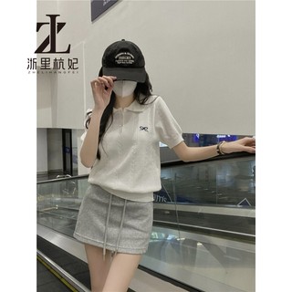 ZHELIHANGFEI Màu Xám Polo Cổ Hoa Nơ Thêu Áo Thun Nữ Tay Ngắn Mùa Hè Thời Trang Mới Niche Thiết Kế Cảm Giác Dệt Kim Thường Ngày Hàng Đầu