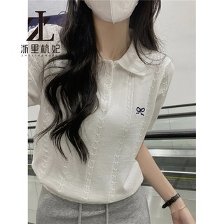 ZHELIHANGFEI Màu Xám Polo Cổ Hoa Nơ Thêu Áo Thun Nữ Tay Ngắn Mùa Hè Thời Trang Mới Niche Thiết Kế Cảm Giác Dệt Kim Thường Ngày Hàng Đầu
