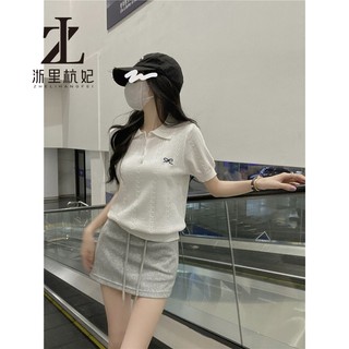ZHELIHANGFEI Màu Xám Polo Cổ Hoa Nơ Thêu Áo Thun Nữ Tay Ngắn Mùa Hè Thời Trang Mới Niche Thiết Kế Cảm Giác Dệt Kim Thường Ngày Hàng Đầu