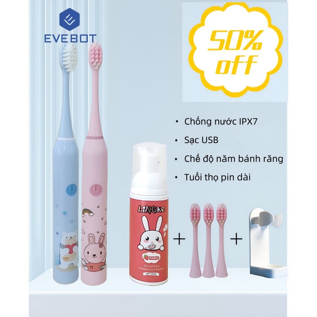 Ảnh EVEBOT Bàn chải đánh răng điện Sonic cho trẻ em 3-12 tuổi, Chế độ 5 tốc độ, Bàn chải mềm chống thấm nước IPX7, Tuổi thọ pin siêu dài 1
