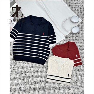 ZHELIHANGFEI Áo sơ mi polo sọc ngắn tay nữ phong cách Hàn Quốc cổ chữ V thêu hàng đầu dệt kim