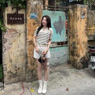 ZHELIHANGFEI Áo sơ mi polo sọc ngắn tay nữ phong cách Hàn Quốc cổ chữ V thêu hàng đầu dệt kim